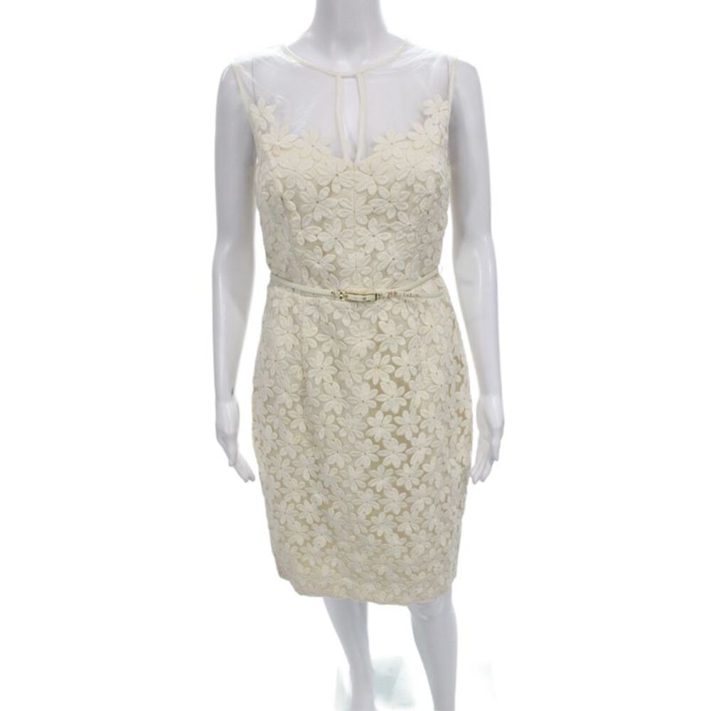 Plum Women Sheath Dress Ivory Sleeveless Round Neck Button Knee Length Size 6
